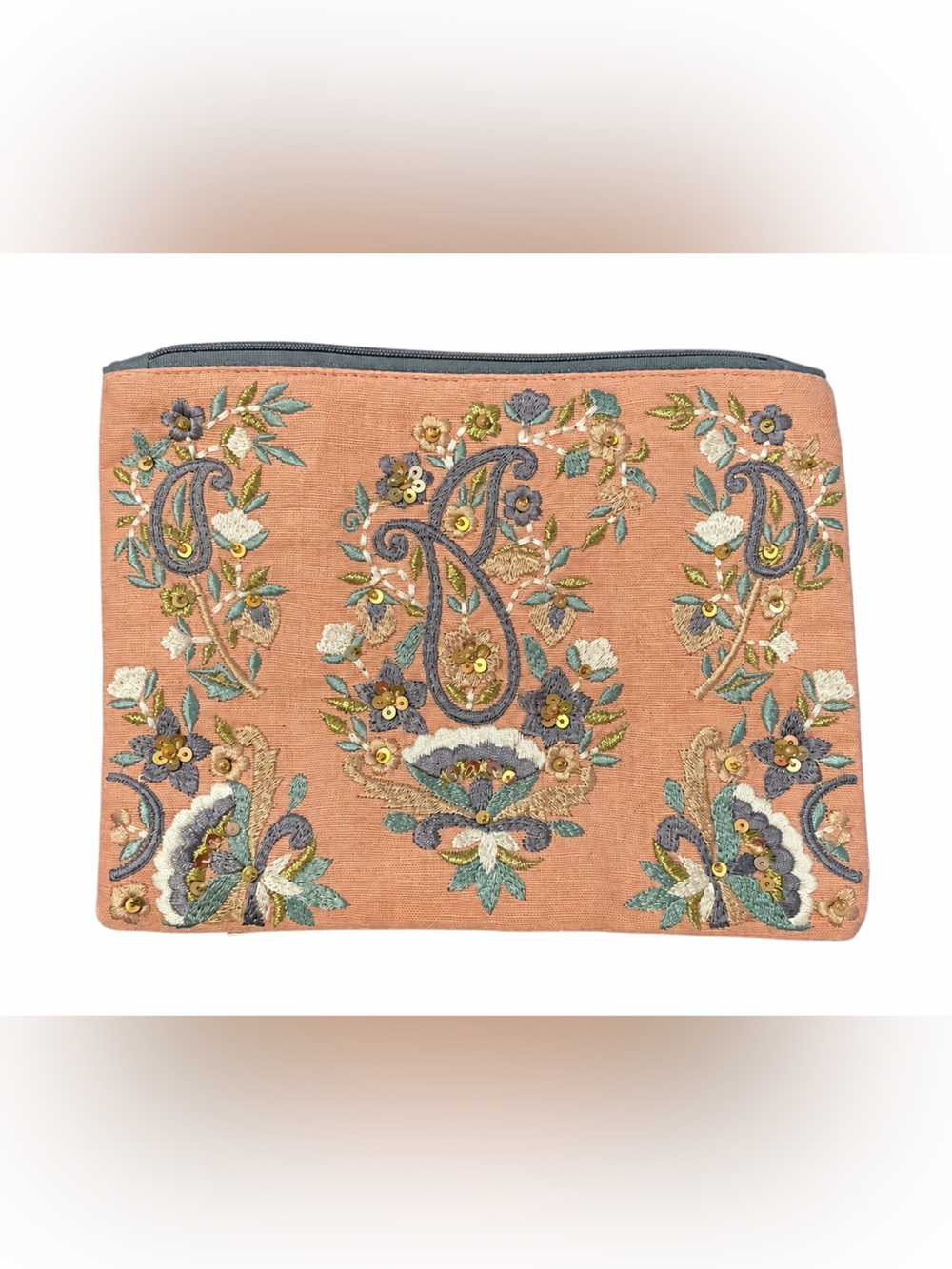Embroidered Peach Linen Accent Pouch with Floral Paisley Design